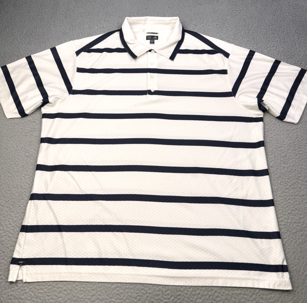 ADIDAS Shirt Mens Extra Large White Blue Stripe Climacool Golf Polo Travel